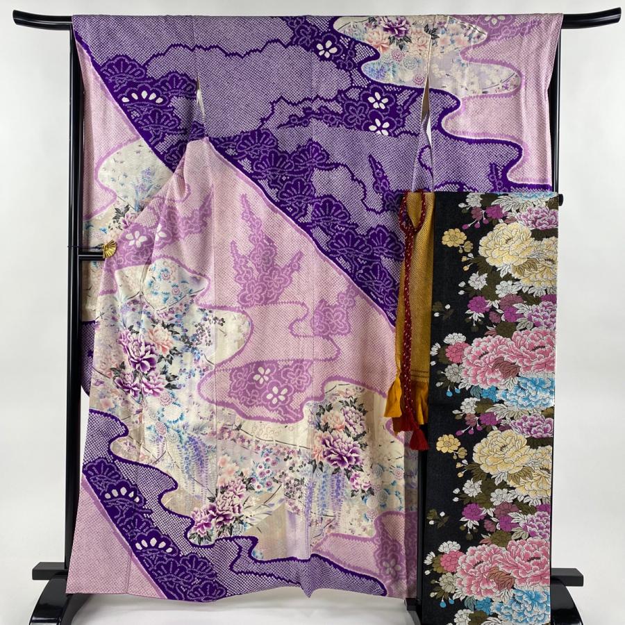 振袖 身丈163.5cm 裄丈64.5cm M 袷 袋帯フルセット 牡丹 霞 絞り 銀彩  