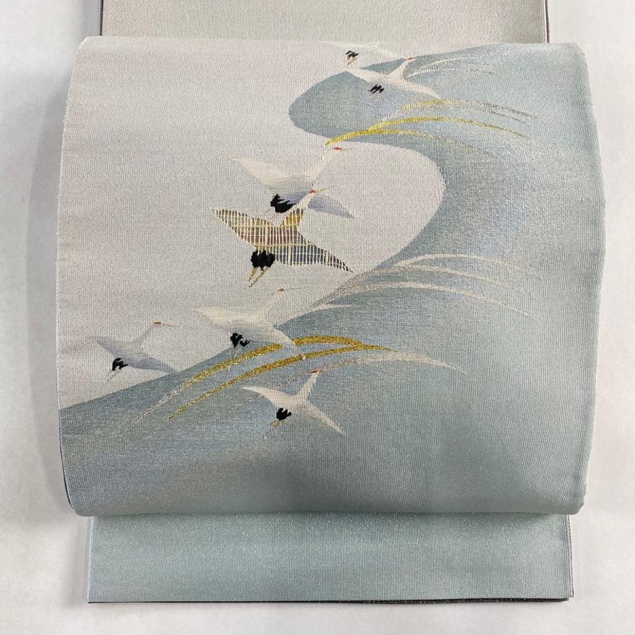 袋帯 名品 やまと 鶴 波 金銀糸 水色 お太鼓柄 正絹 中古 : リユース  