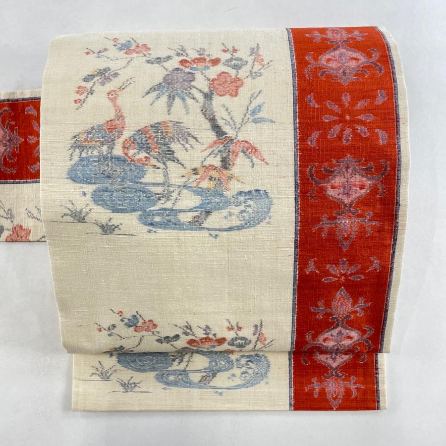名古屋帯 美品 優品 紬地 花鳥 流水 クリーム 正絹 中古  