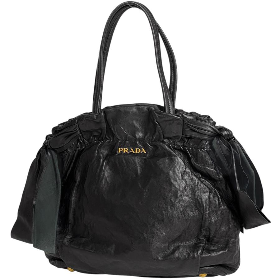 PRADA ハンドバッグ リボン ロゴ金具 ブラック ナイロン レザー　バッグ PRADA プラダ ロゴ ハンドバッグ 2WAY ショルダーバッグ リボン レザー