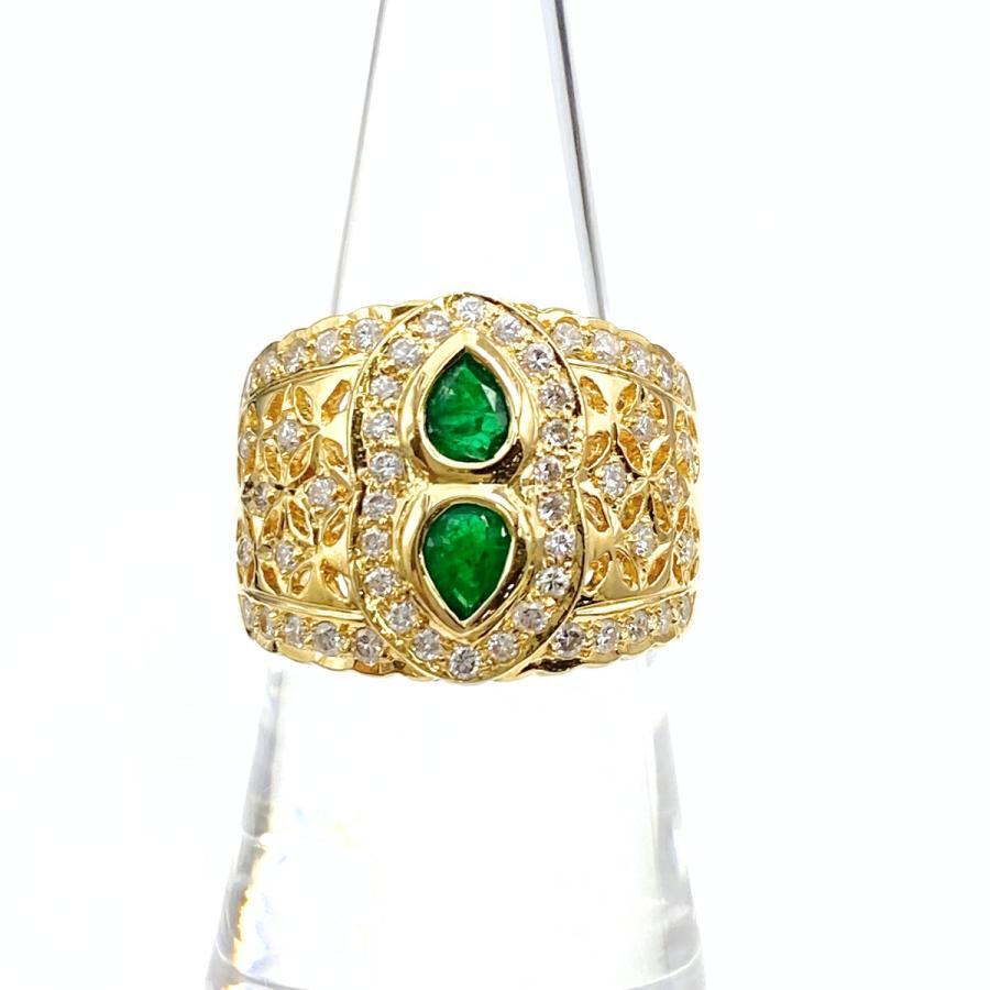 エメラルド デザインリング YG イエローゴールド メレダイヤ 指輪  