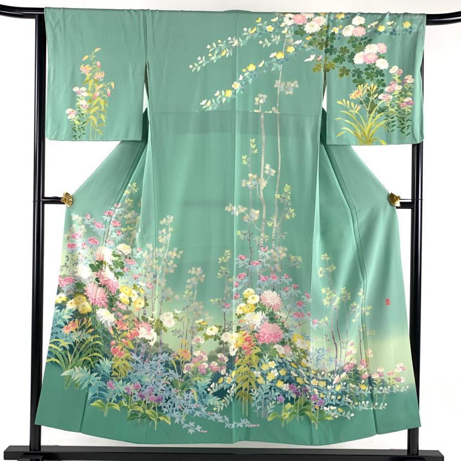 訪問着 身丈152cm 裄丈66.5cm M 袷 阿部佳雪 落款あり 草花 菊 ぼかし 
