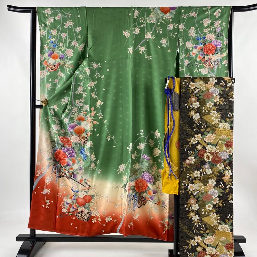 振袖 身丈157cm 裄丈64.5cm M 袷 袋帯フルセット 花車 枝垂れ桜 金銀彩 