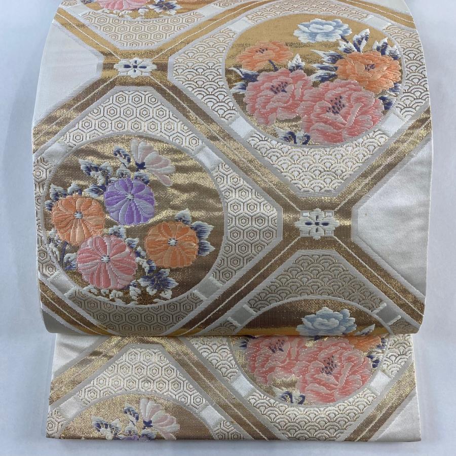 袋帯 秀品 光悦調熨斗文様 草花 純金箔24K 唐織 クリーム 六通 正絹