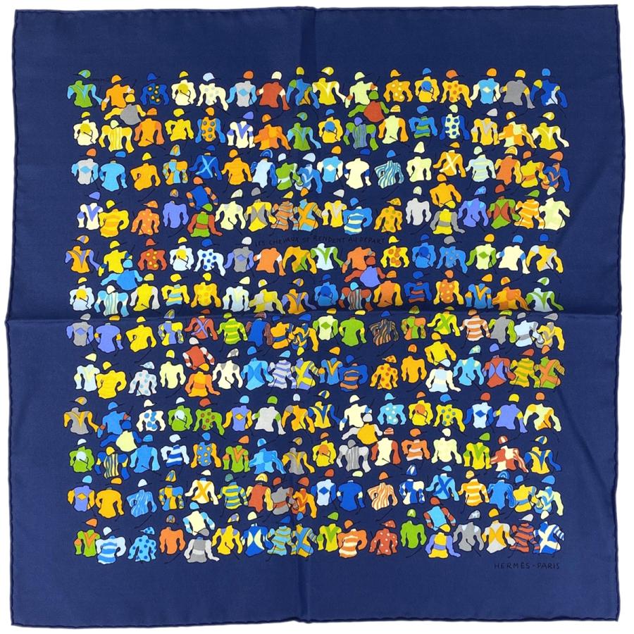 エルメス HERMES プチカレ 騎手柄 スカーフ シルク 藍色 HERMES 【直営