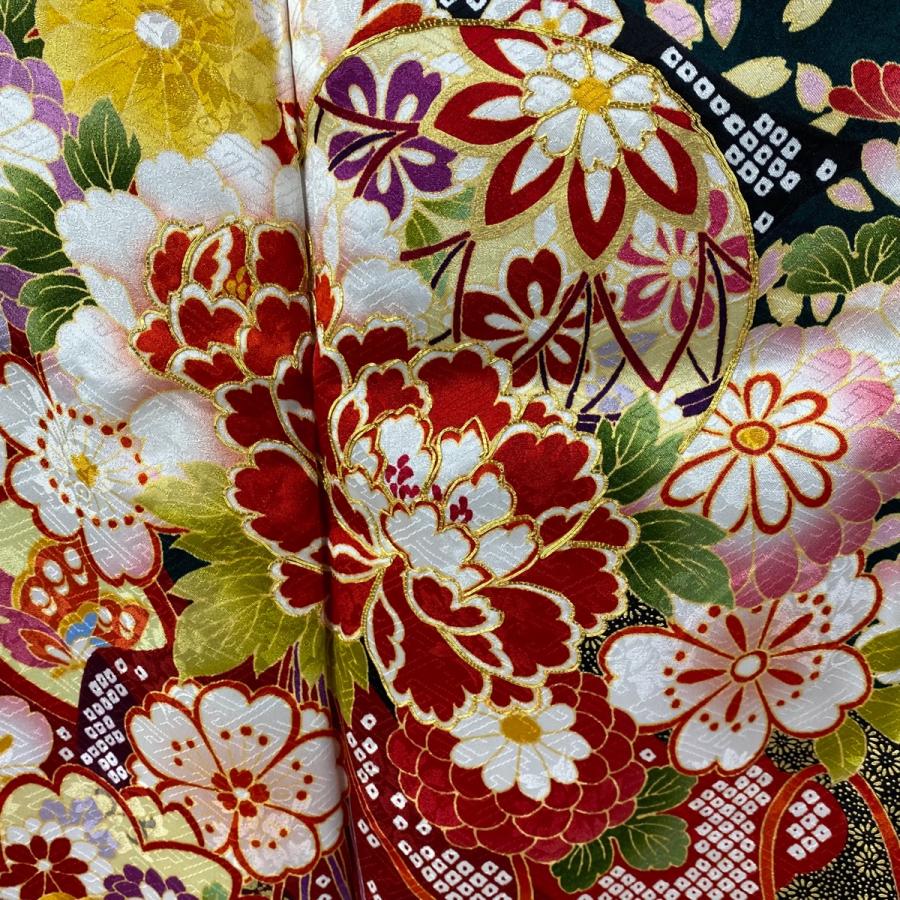 振袖 身丈172cm 裄丈69.5cm L 袷 袋帯フルセット 手鞠 草花 金糸 振袖 身丈172cm 裄丈69.5cm L 袷 袋帯フルセット 手鞠 草花 金糸