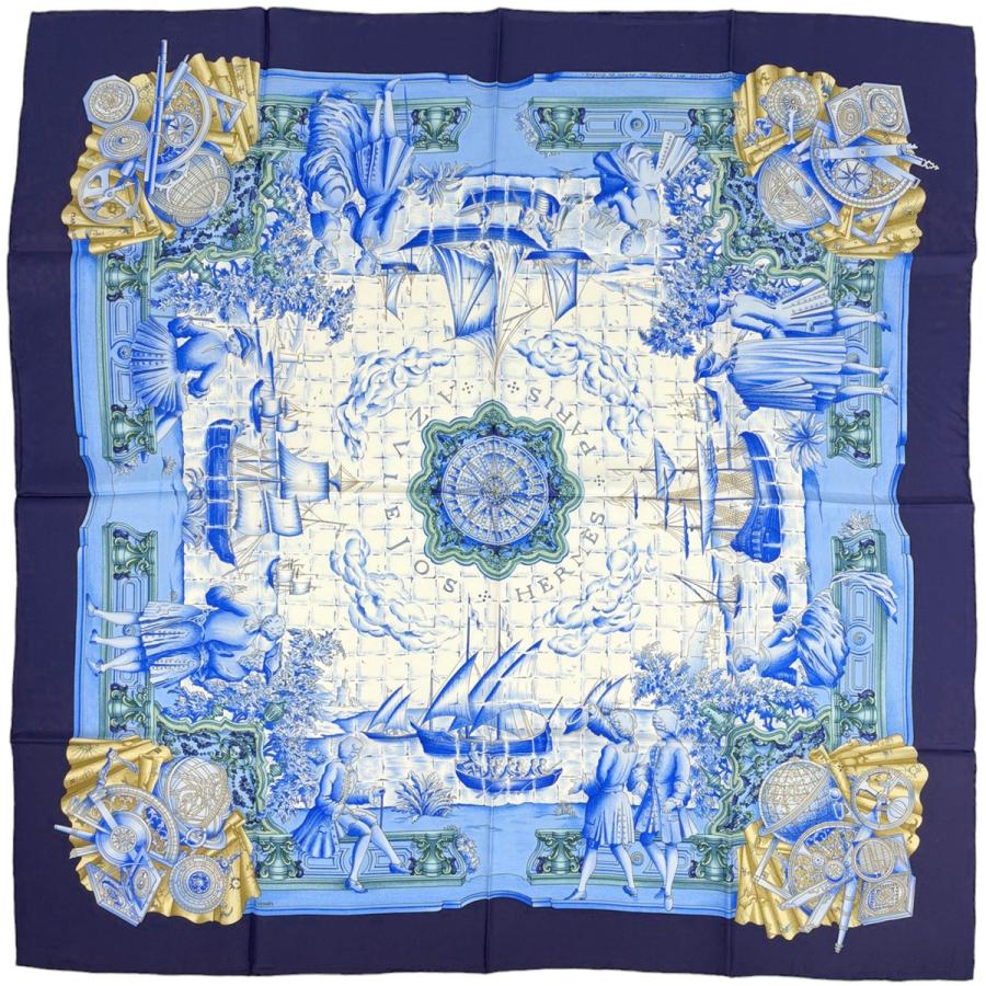 HERMES（エルメス） カレ90 AZVLEJOS 貴族船 スカーフ シルク ブルー