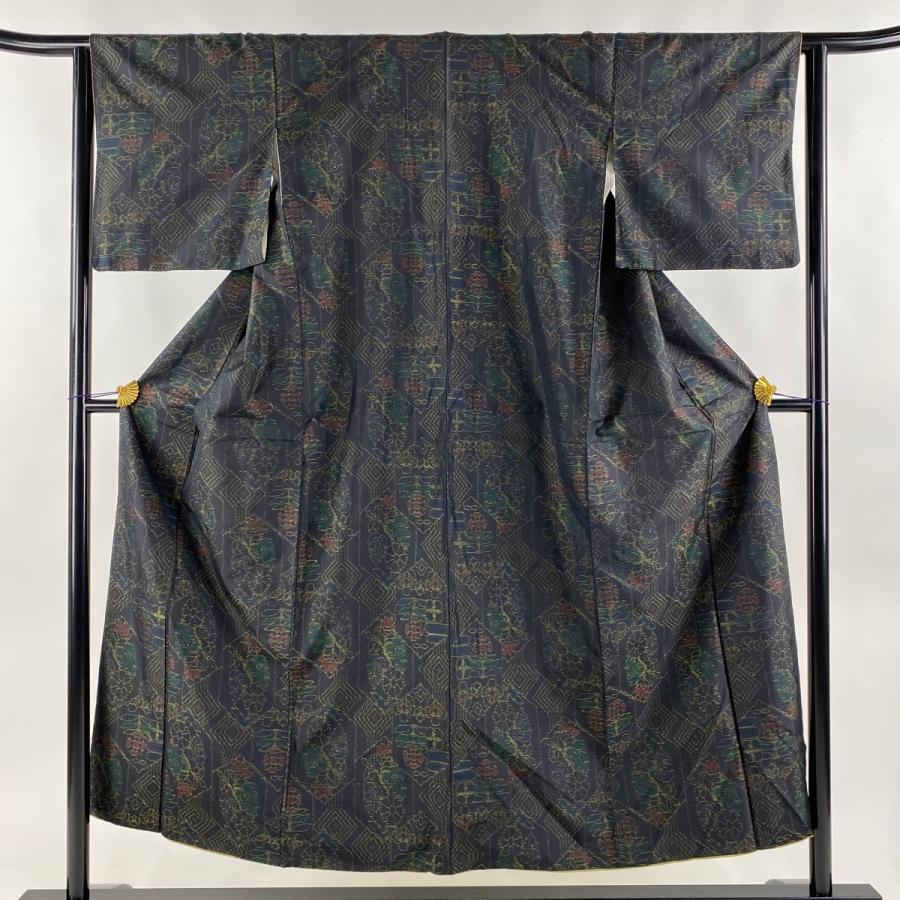 紬 身丈152cm 裄丈63.5cm S 袷 草花 亀甲 墨色 正絹 優品 中古  