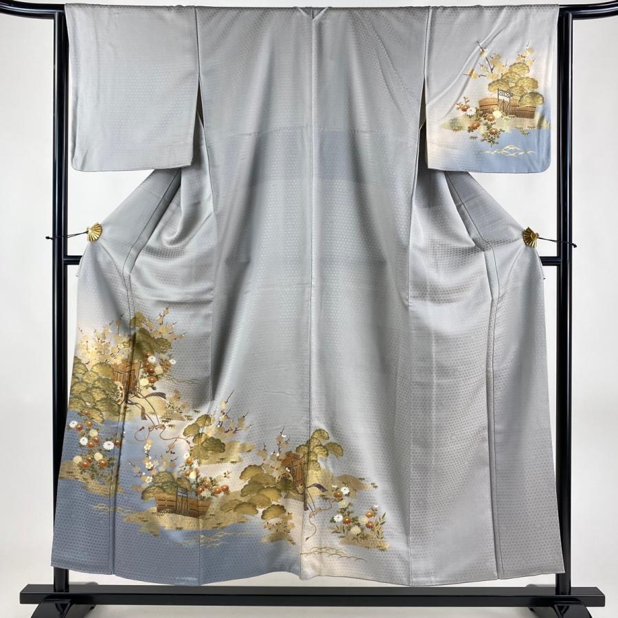 付下げ 身丈154cm 裄丈65cm M 袷 御所車 松竹梅 金彩 ぼかし 灰色 正絹  