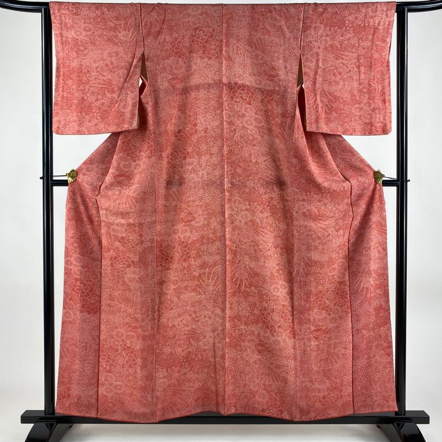 江戸小紋 身丈157cm 裄丈63cm S 袷 扇 菊 朱色 正絹 美品 優品 中古  