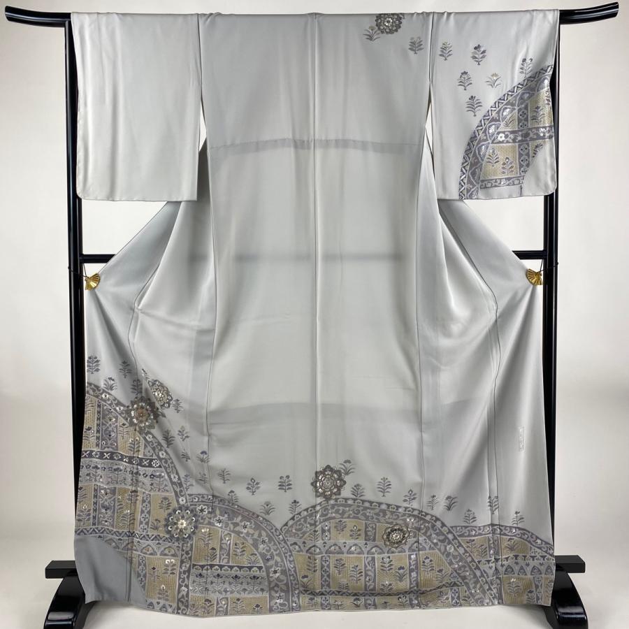 訪問着 身丈171cm 裄丈66cm M 袷 華文 草花 泰斗刺繍 金糸 灰色 正絹  