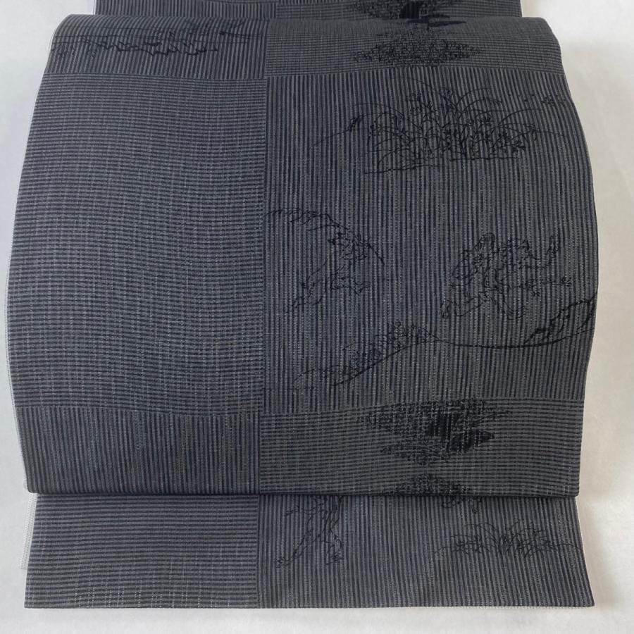 袋帯 逸品 夏帯 鳥獣戯画 草花 墨色 全通 正絹 中古 : リユース  