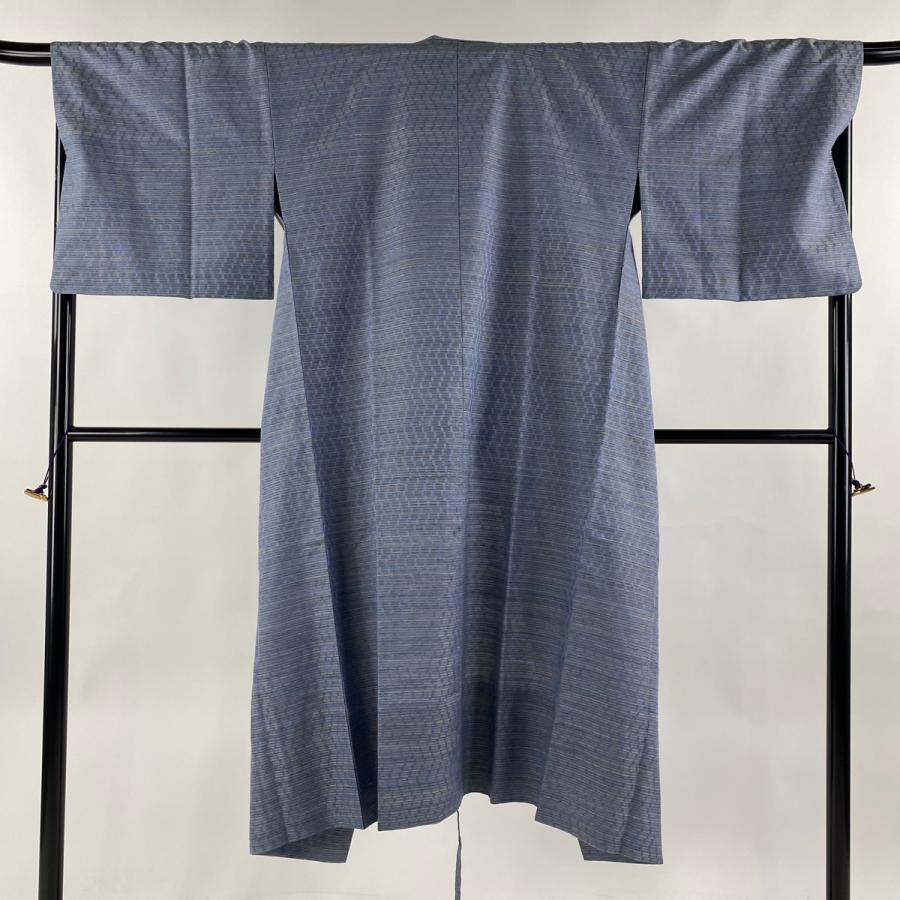 道中着 身丈130cm 裄丈65cm M 和装コート 着物衿 幾何学 青灰色 正絹  