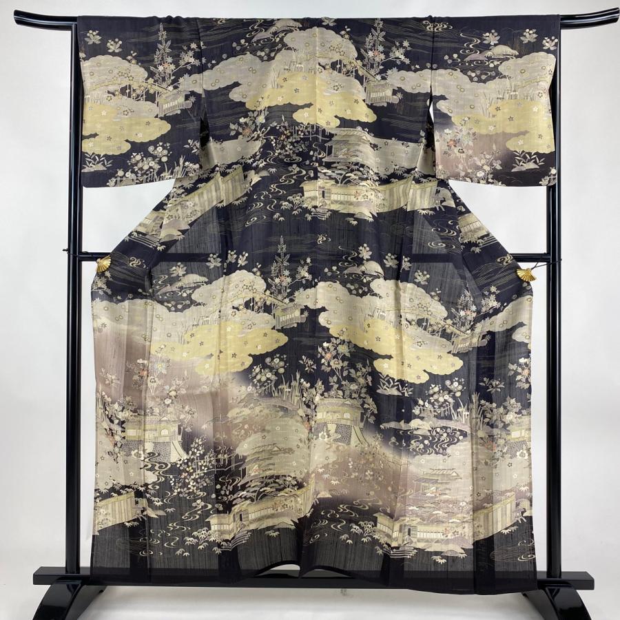 訪問着 身丈159cm 裄丈67.5cm L 薄物 夏紬地 家屋 松竹梅 金彩 ぼかし  