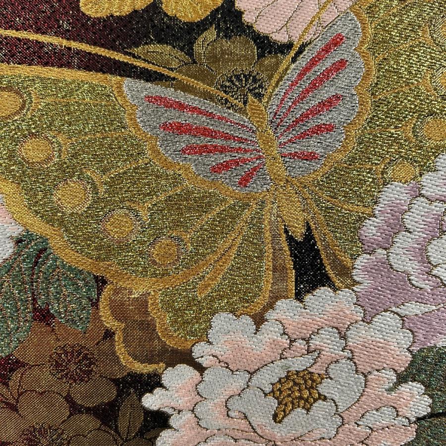 袋帯 美品 秀品 振袖向き 牡丹 蝶 金銀糸 箔 黒 六通 正絹 中古 袋帯 美品 秀品 振袖向き 牡丹 蝶 金銀糸 箔 黒 六通 正絹 中古