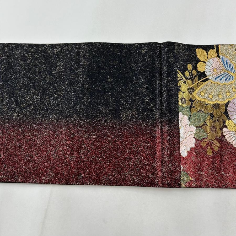 袋帯 美品 秀品 振袖向き 牡丹 蝶 金銀糸 箔 黒 六通 正絹 中古 袋帯 美品 秀品 振袖向き 牡丹 蝶 金銀糸 箔 黒 六通 正絹 中古