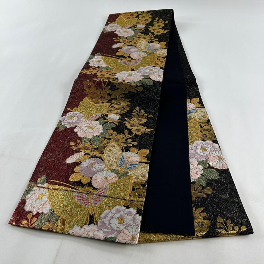 袋帯 美品 秀品 振袖向き 牡丹 蝶 金銀糸 箔 黒 六通 正絹 中古 袋帯 美品 秀品 振袖向き 牡丹 蝶 金銀糸 箔 黒 六通 正絹 中古