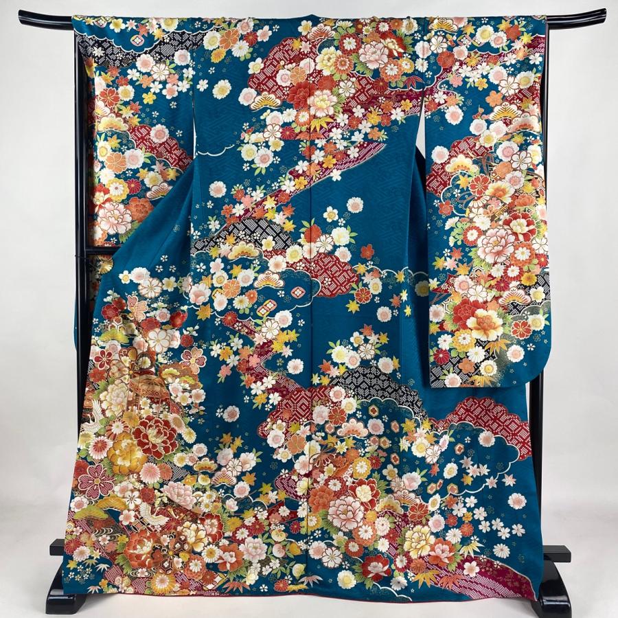 振袖 身丈169cm 裄丈67.5cm L 袷 文箱 牡丹 金糸 金彩 青緑 正絹 美品  