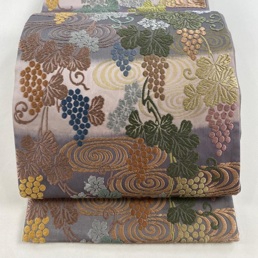 袋帯 名品 草木染 葡萄唐草 流水 刺繍 箔 灰紫 六通 正絹 中古