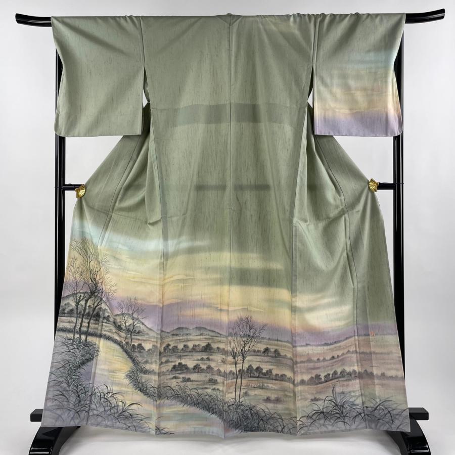 訪問着 身丈164.5cm 裄丈69cm L 単衣 紬地 落款あり 風景 霞 訪問着 身丈164.5cm 裄丈69cm L 単衣 紬地 落款あり 風景 霞