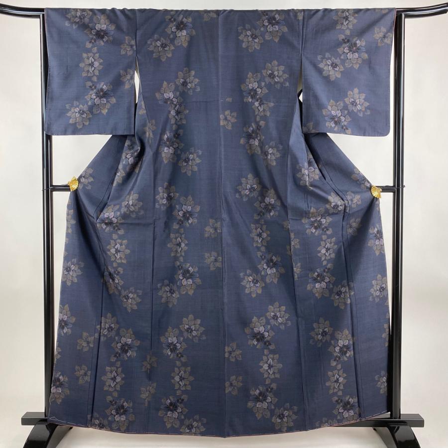 紬 身丈162cm 裄丈65cm M 袷 草花 紺色 正絹 美品 秀品 中古  