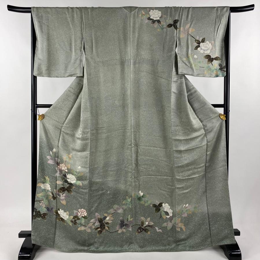 訪問着 身丈169cm 裄丈65.5cm M 袷 草花 ぼかし 灰緑 正絹 美品 秀品
