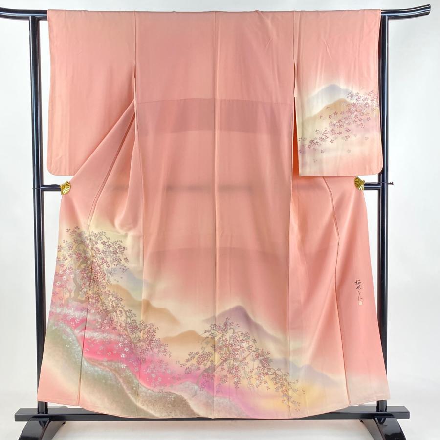 訪問着 身丈155cm 裄丈61.5cm S 袷 竹久夢二 落款あり 枝垂れ桜 遠山  