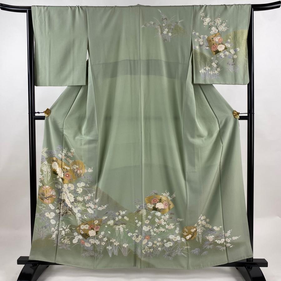 訪問着 身丈160cm 裄丈65.5cm M 袷 扇面 草花 金彩 灰緑 正絹 秀品  