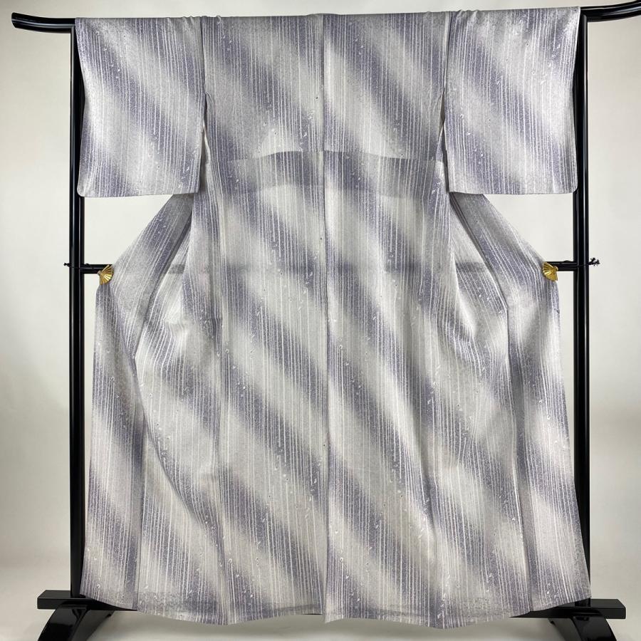 小紋 身丈159.5cm 裄丈66cm M 薄物 縦縞 幾何学 ぼかし 薄紫 正絹 秀品  