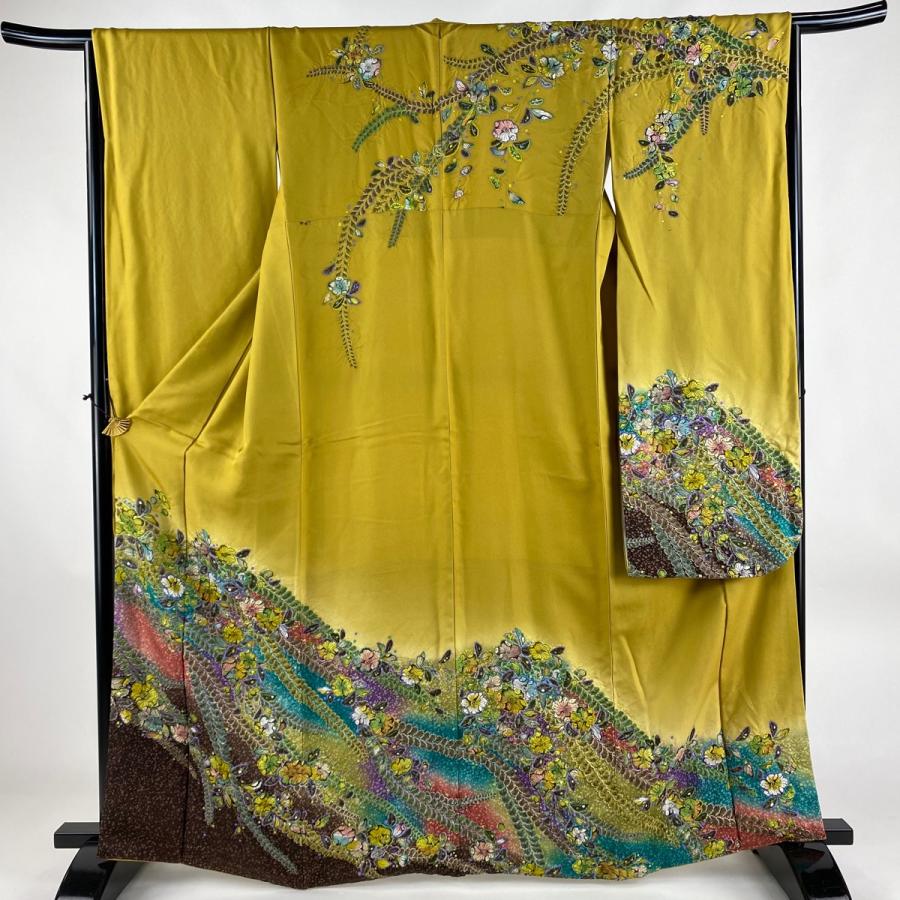 振袖 身丈164.5cm 裄丈65cm M 袷 落款あり 辻が花 ぼかし 山吹茶色  