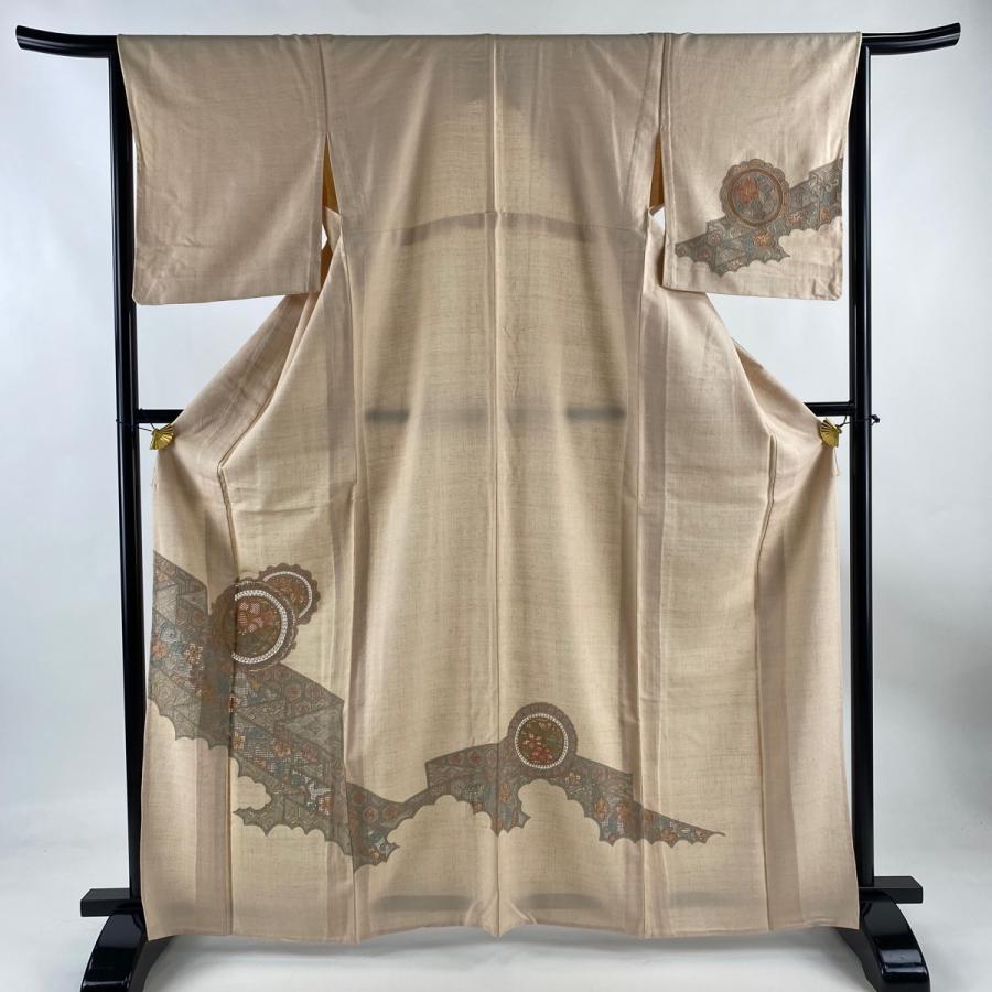 付下げ 身丈165.5cm 裄丈65.5cm M 単衣 紬地 花唐草 鏡裏文 刺繍  