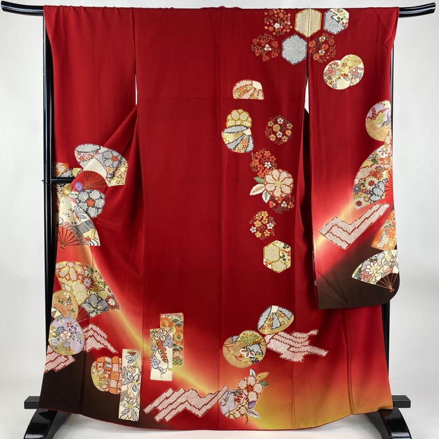 振袖 身丈166cm 裄丈67cm M 袷 扇 草花 金彩 ぼかし 赤 正絹 美品 名品  