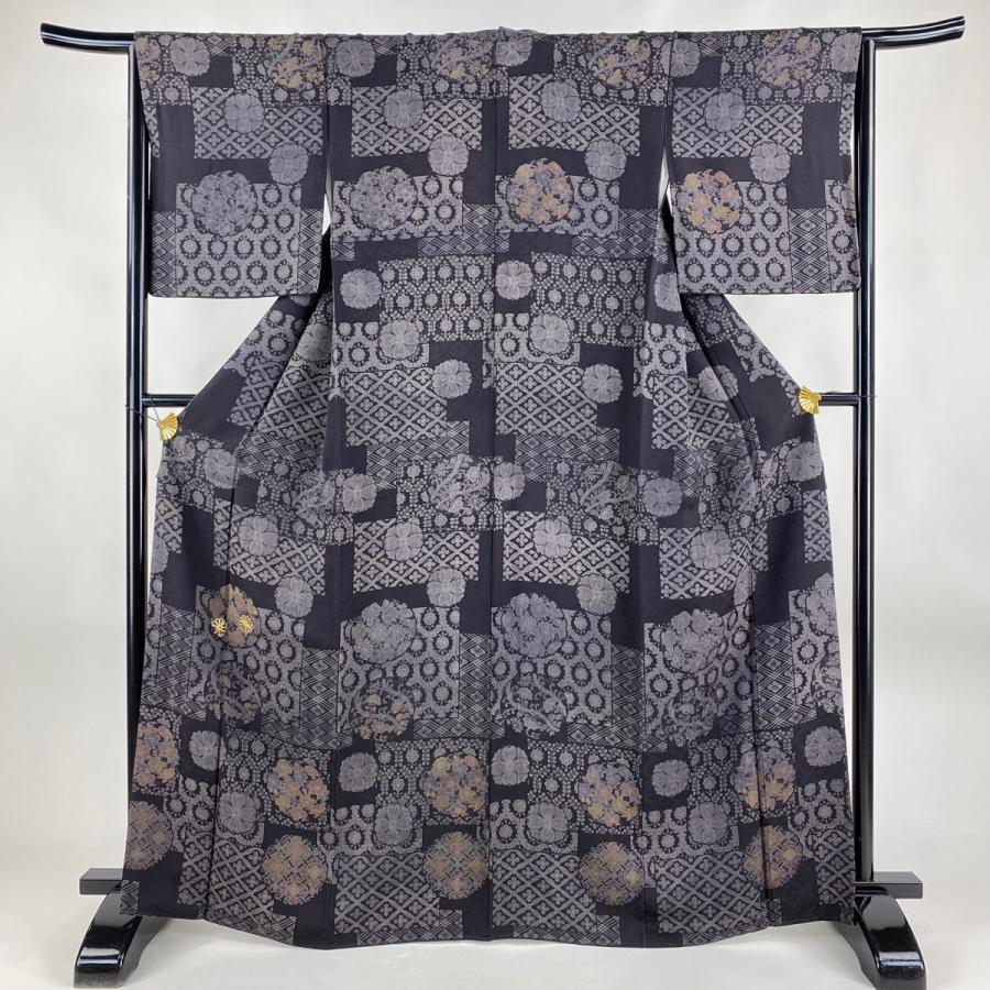 付下げ 身丈165.5cm 裄丈64cm M 袷 紬地 色紙 花 金糸 黒 正絹 美品 秀  