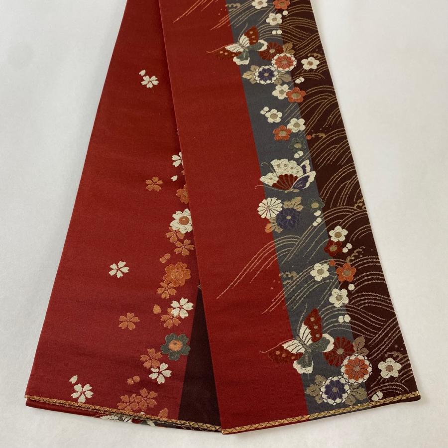 半幅帯 美品 秀品 蝶 波 箔 えんじ色 正絹 中古 : リユースセレクト  