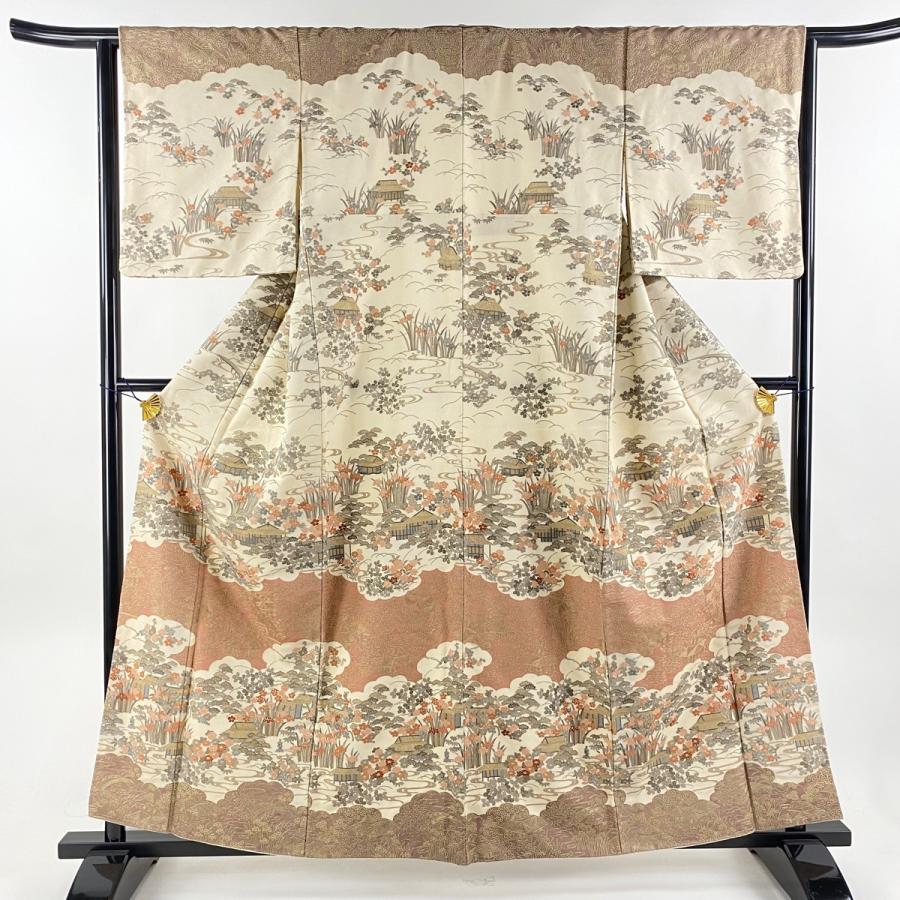 訪問着 身丈160cm 裄丈64cm M 袷 雲文 草花 刺繍 金通し ベージュ 正絹  