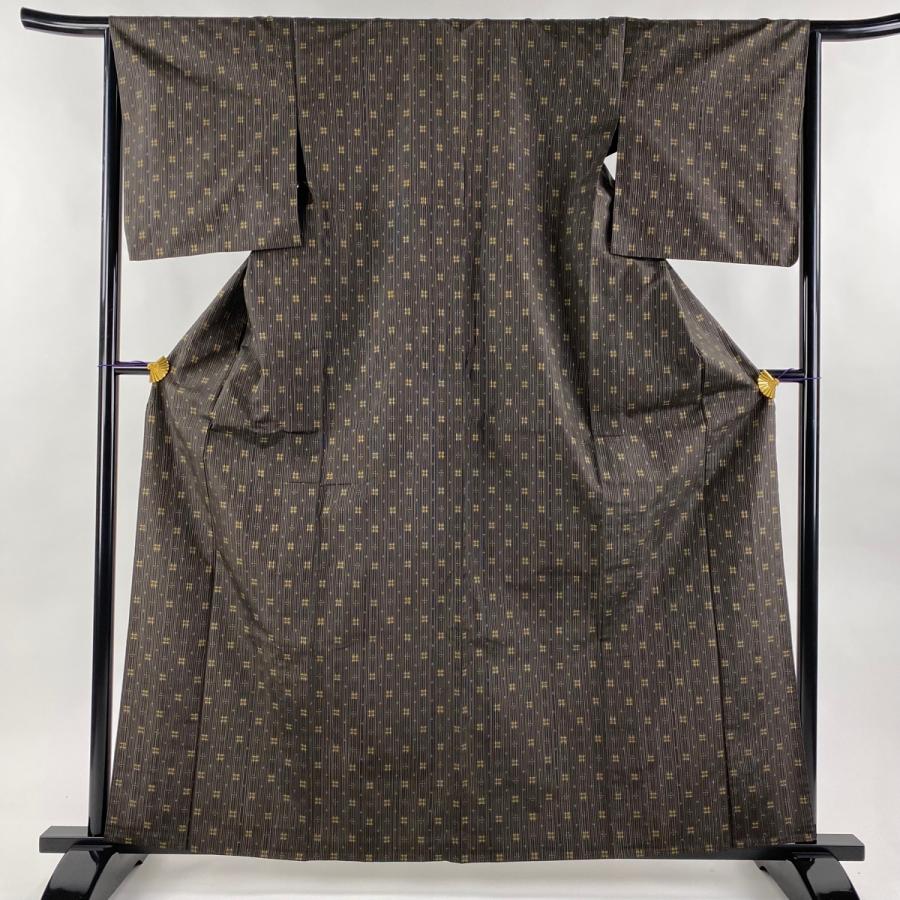 紬 身丈162cm 裄丈65.5cm M 単衣 やまと 縞 井桁絣 焦茶色 正絹 秀品  