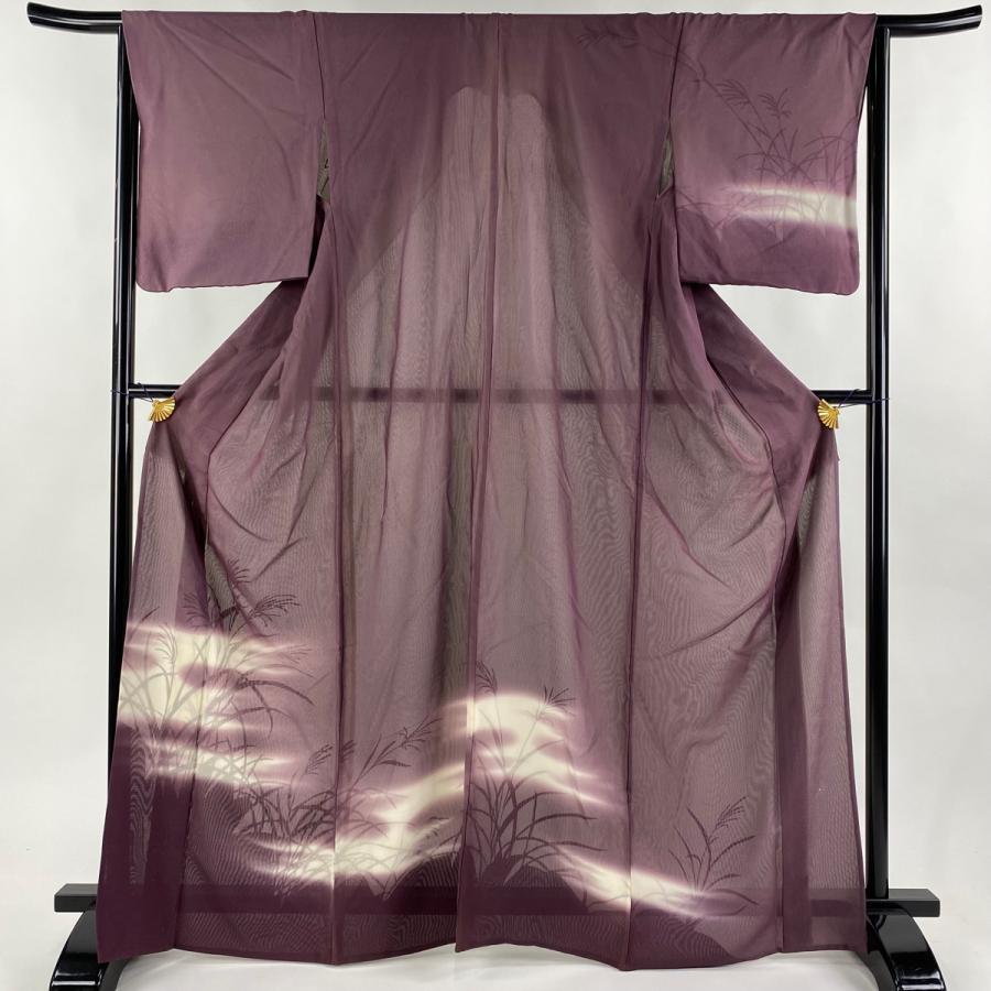 付下げ 身丈166cm 裄丈66cm M 紗絽袷 ススキ 霞 ぼかし 紫 正絹 秀品  