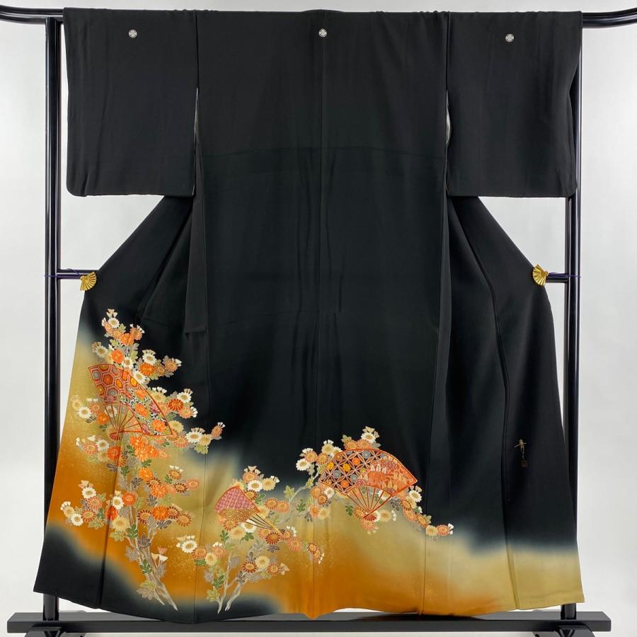 黒留袖 身丈156cm 裄丈64.5cm M 袷 松井青々 落款あり 扇 菊 金糸  