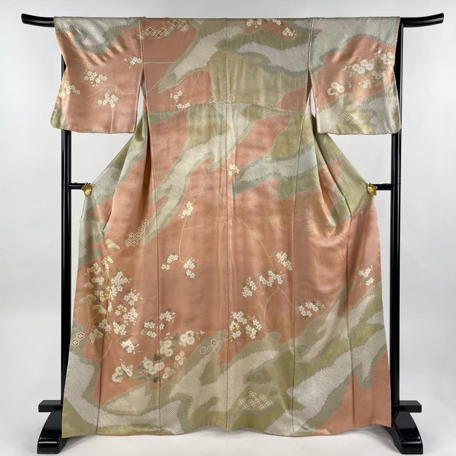 訪問着 身丈167cm 裄丈67.5cm L 袷 桜 笠松 金糸 絞り ピンク 正絹 秀  