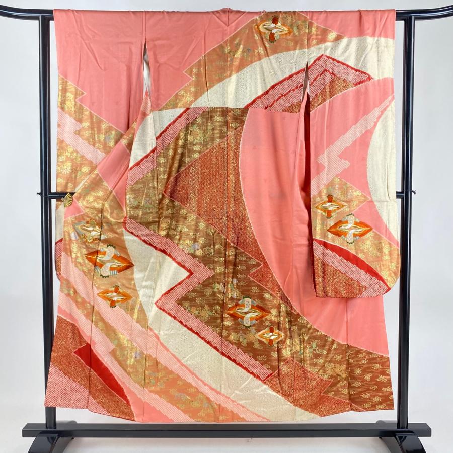 振袖 身丈153.5cm 裄丈61.5cm S 袷 向かい鶴 花唐草 刺繍 絞り ピンク  