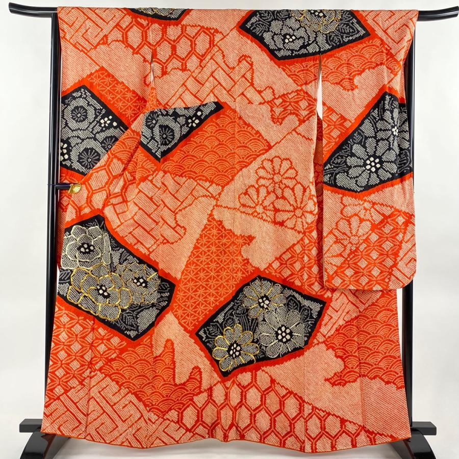 振袖 身丈156cm 裄丈69cm L 袷 やまと 地紋 えんじ色 正絹 名品 中古  