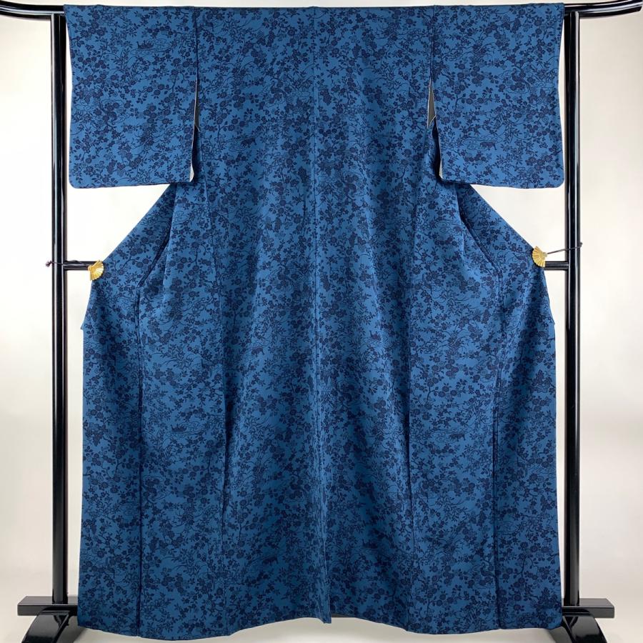 小紋 身丈160.5cm 裄丈62.5cm S 袷 草花 葉と実 紺色 正絹 秀品 中古  