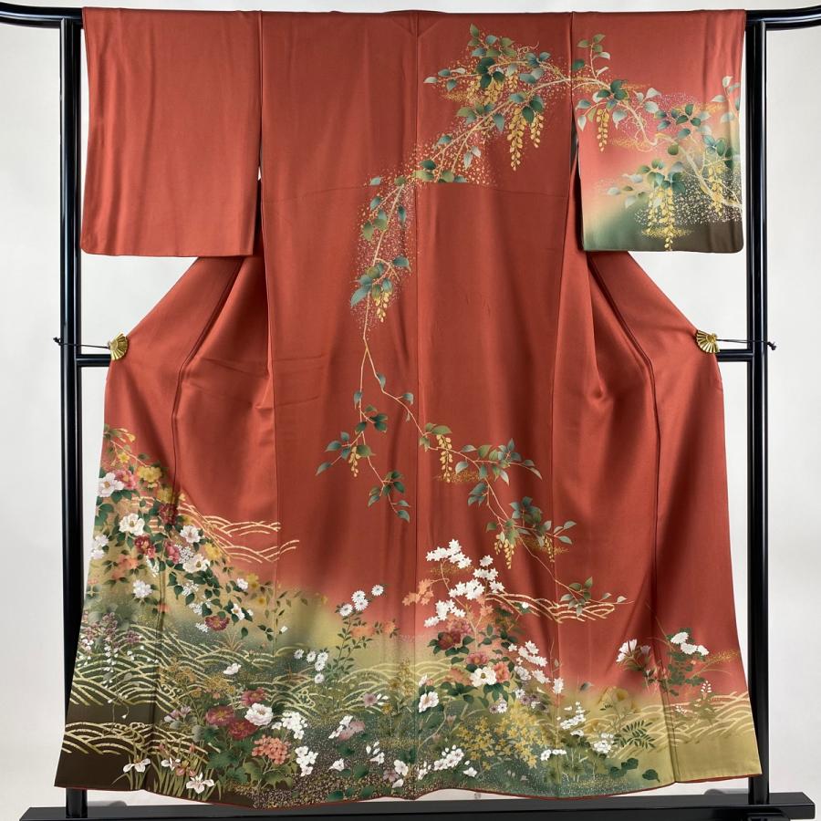 訪問着 身丈152.5cm 裄丈63cm S 袷 草花 波 刺繍 金糸 茜色 正絹 訪問着 身丈152.5cm 裄丈63cm S 袷 草花 波 刺繍 金糸 茜色 正絹
