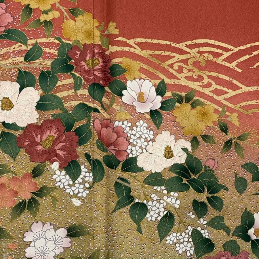 訪問着 身丈152.5cm 裄丈63cm S 袷 草花 波 刺繍 金糸 茜色 正絹 訪問着 身丈152.5cm 裄丈63cm S 袷 草花 波 刺繍 金糸 茜色 正絹