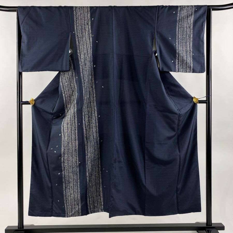 付下げ 身丈151.5cm 裄丈64.5cm M 袷 紬地 枝葉 縞 金彩 濃紺 正絹 秀  