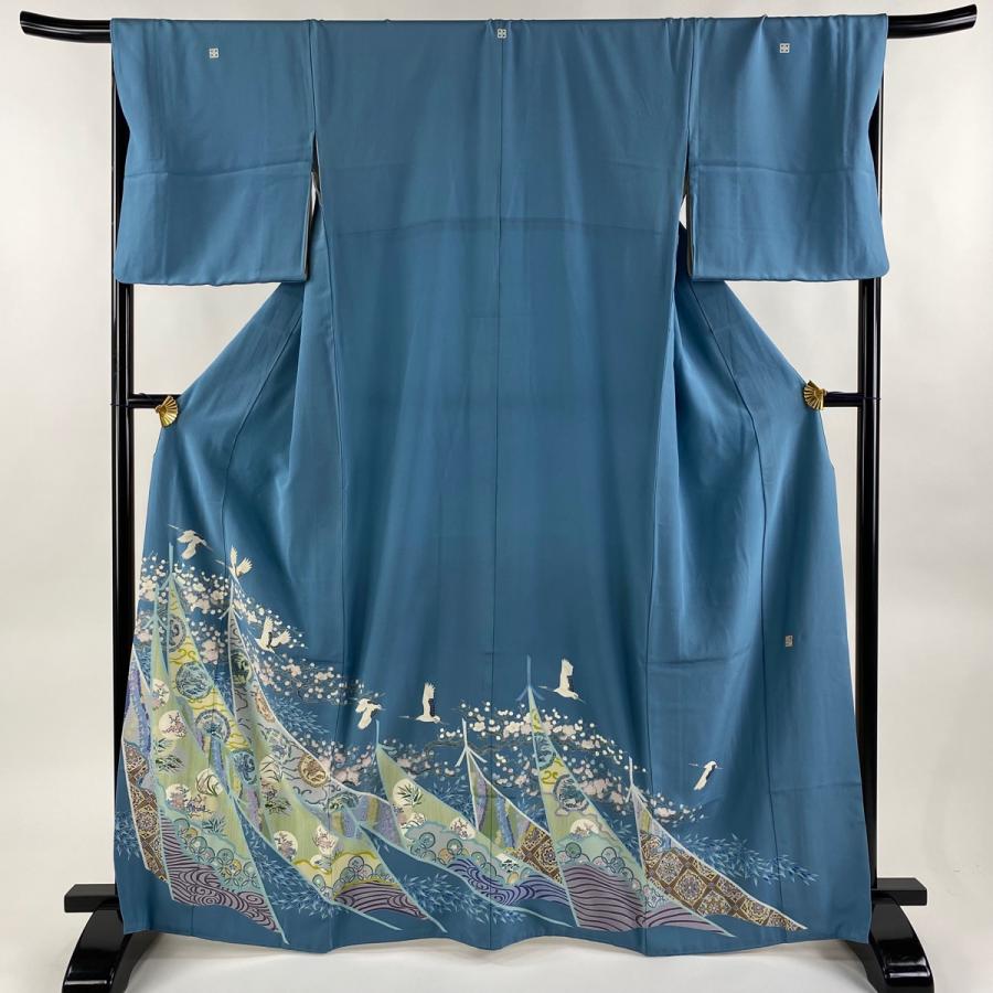 色留袖 身丈165.5cm 裄丈68cm L 袷 落款あり 鶴 動物 水色 正絹 秀品  