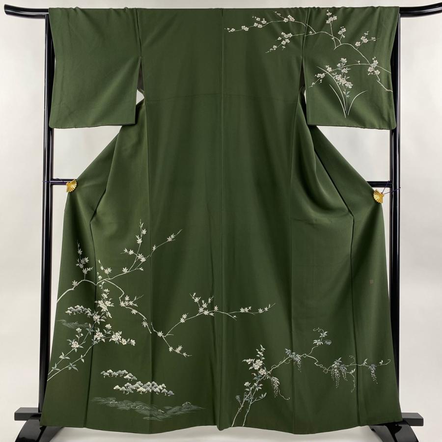 訪問着 身丈162.5cm 裄丈66cm M 袷 ますいわ屋 落款あり 枝花 波 深緑  