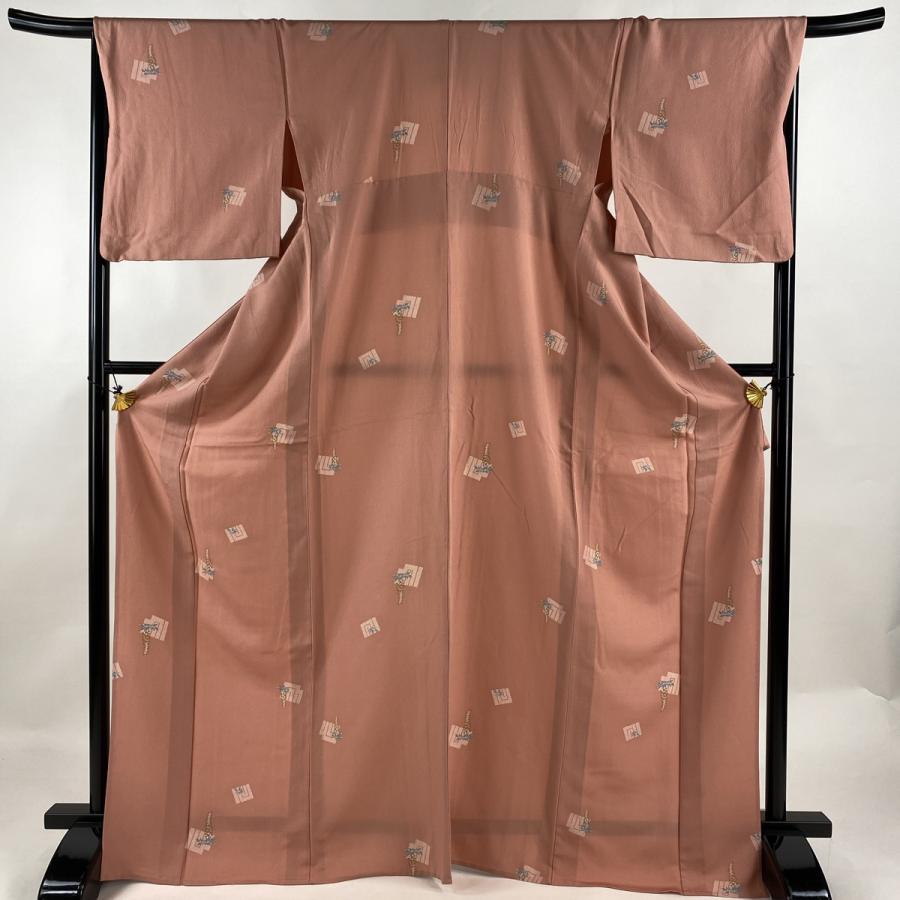 小紋 身丈170cm 裄丈69cm L 単衣 源氏香 サーモンピンク 正絹 秀品  