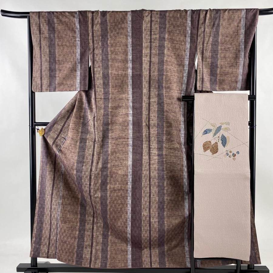 紬 身丈160.5cm 裄丈67cm M 袷 名古屋帯セット 縦縞 茶紫 正絹 美品 秀  