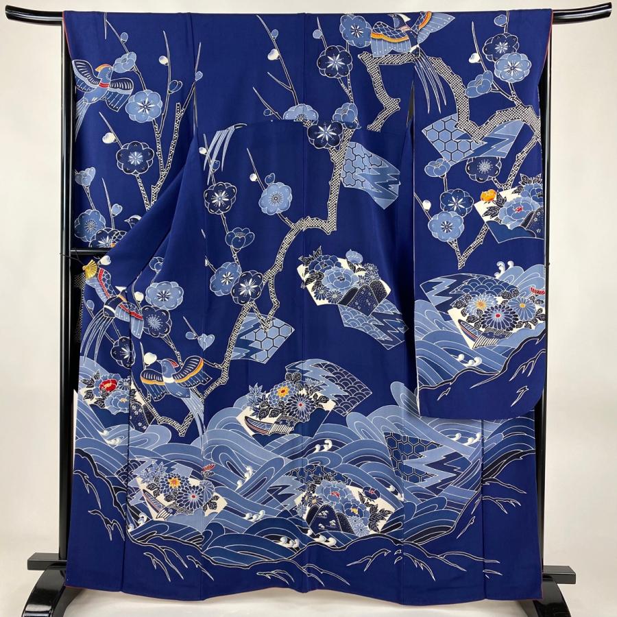 振袖 身丈164cm 裄丈67.5cm L 袷 鳥 波 縮緬 藍色 正絹 美品 名品 中古  